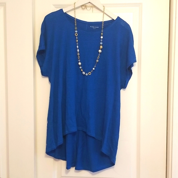 EILEEN FISHER Women Linen Casual Summer Beach Athleisure Hi Lo Top Blue sz L - Picture 2 of 7